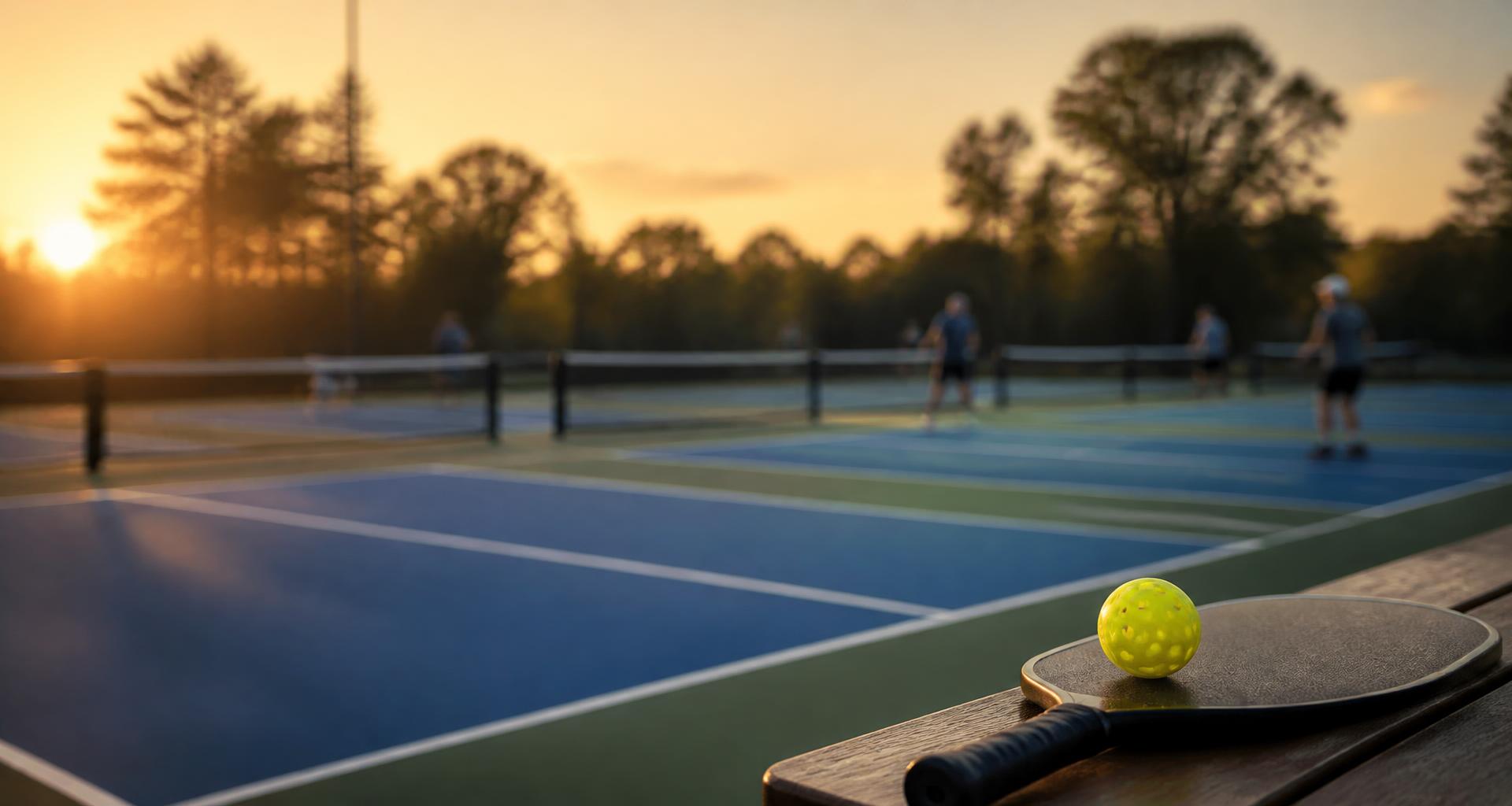 Aerial view of outdoor pickleball courts at sunset