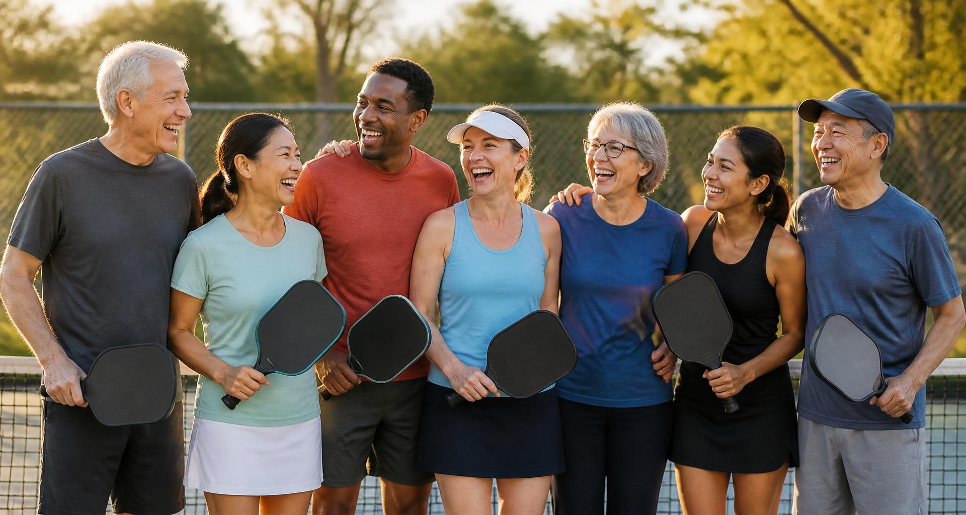 Pickleball players laughing together at a community court
