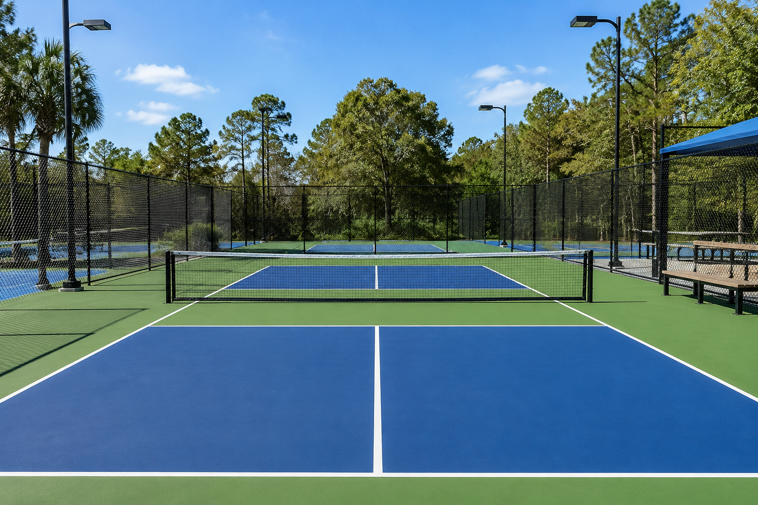Players on outdoor pickleball courts at sunset under the lights