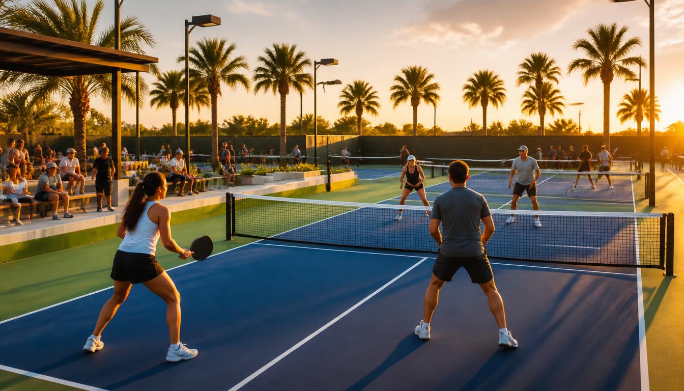 Pickleball facility at sunset
