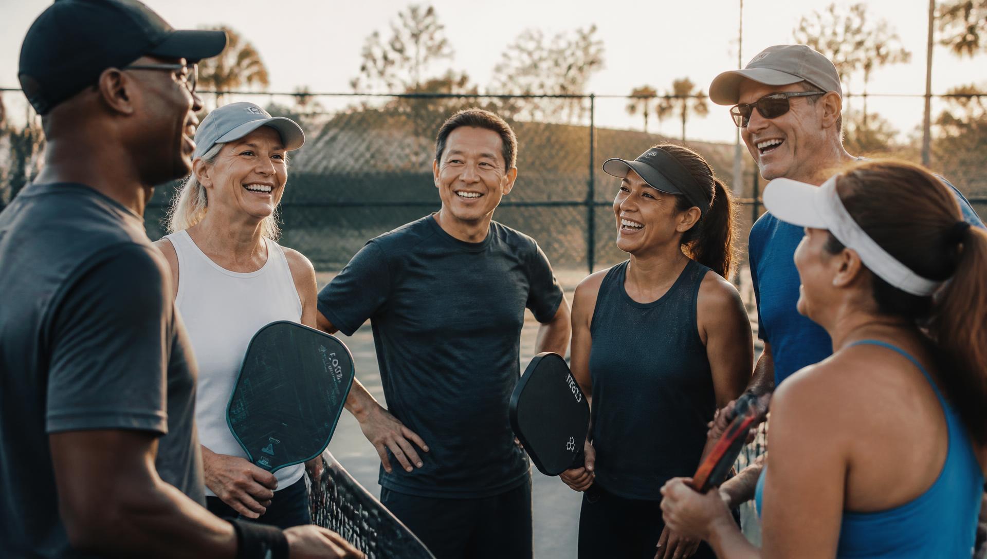 Pickleball players laughing together at a community court