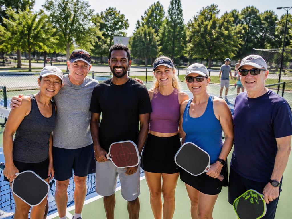 Group of pickleball players on an outdoor court