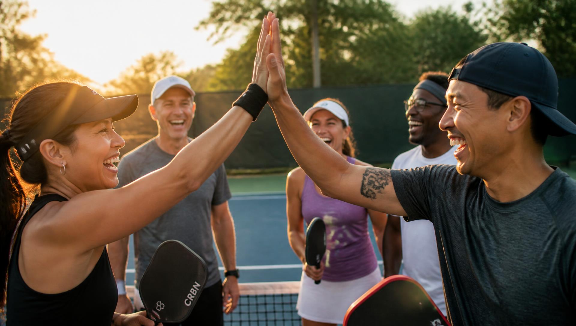 Pickleball players high-fiving and laughing together on an outdoor court at sunset